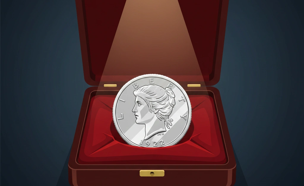 Elegant 1922 silver dollar displayed on velvet inside a collector’s case