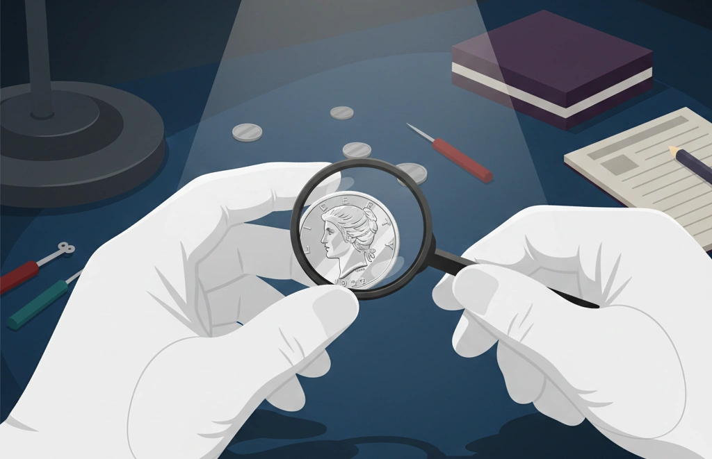 Hands wearing gloves inspecting a 1922 silver dollar for rarity