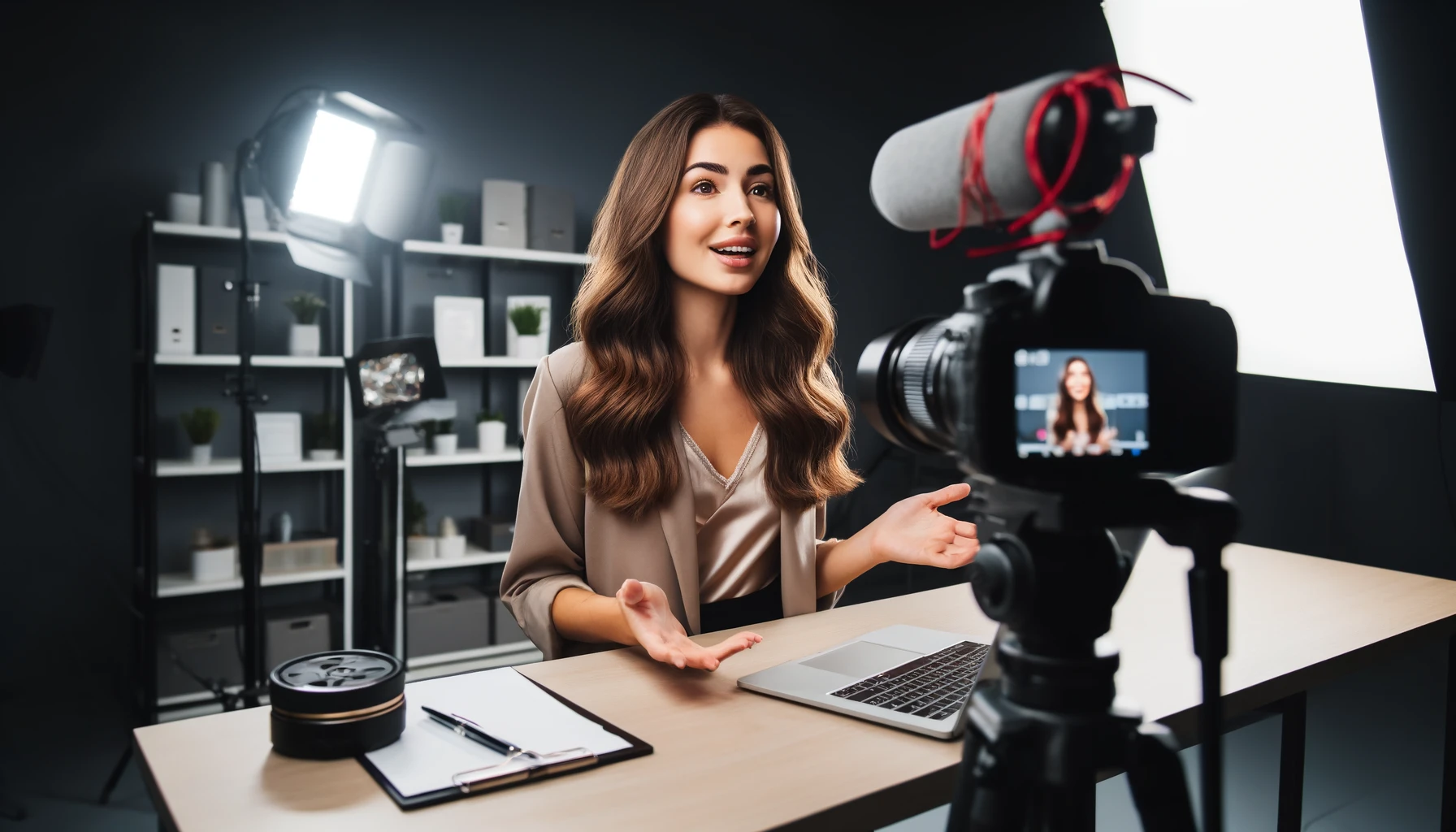 A young woman recording a video for her blog in a studio setting