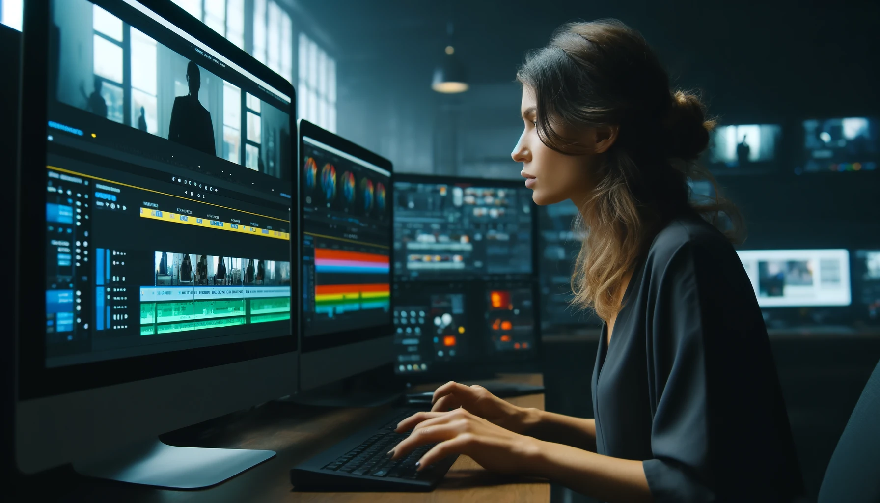 A female film editor working on processing a video clip in a studio