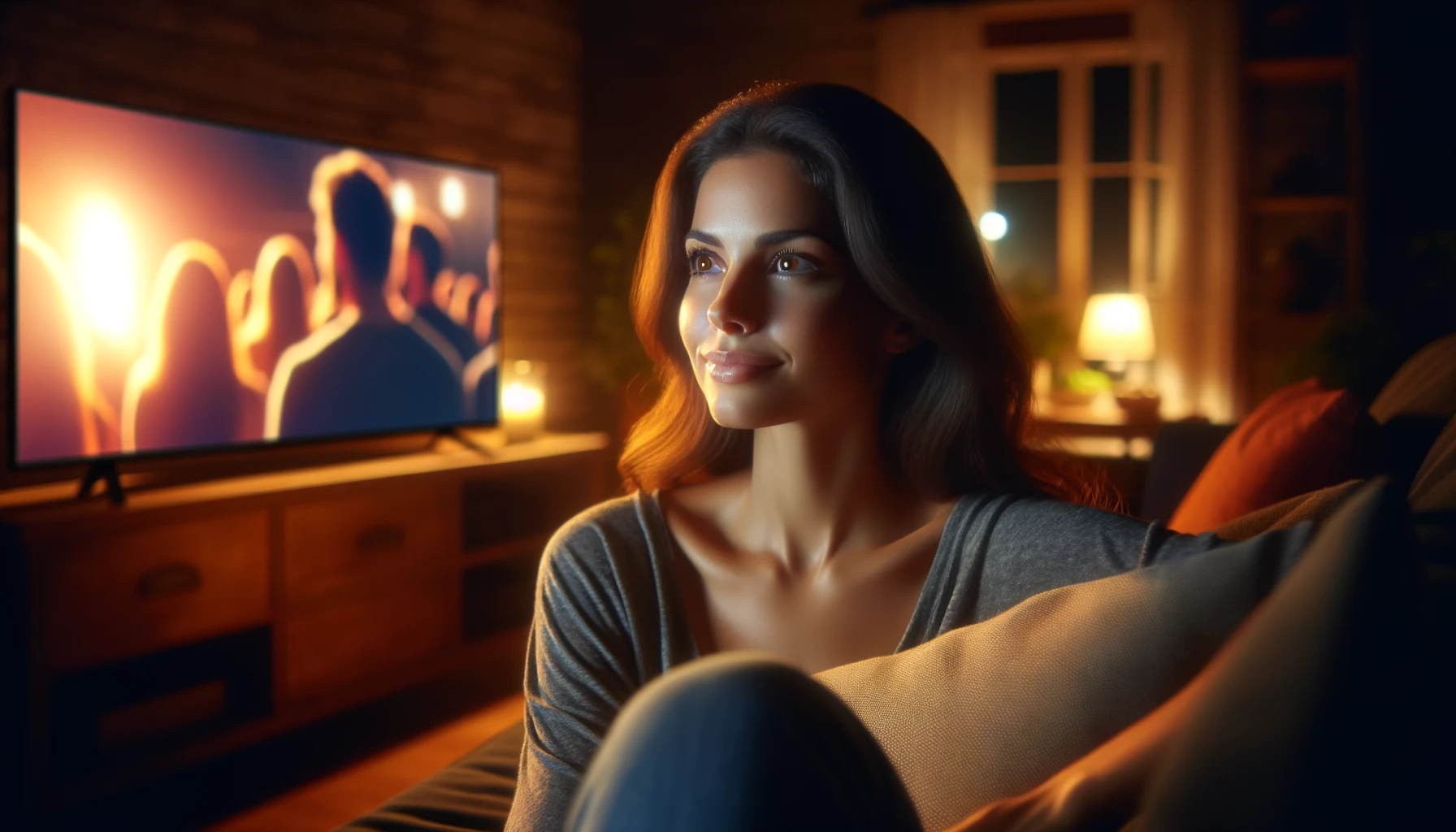 A woman relaxing at home in the evening, watching TV