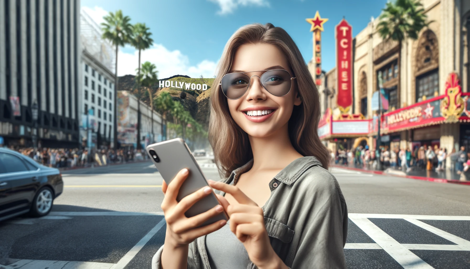a smiling woman in sunglasses in Hollywood holding her phone. The background shows iconic Hollywood landmarks.