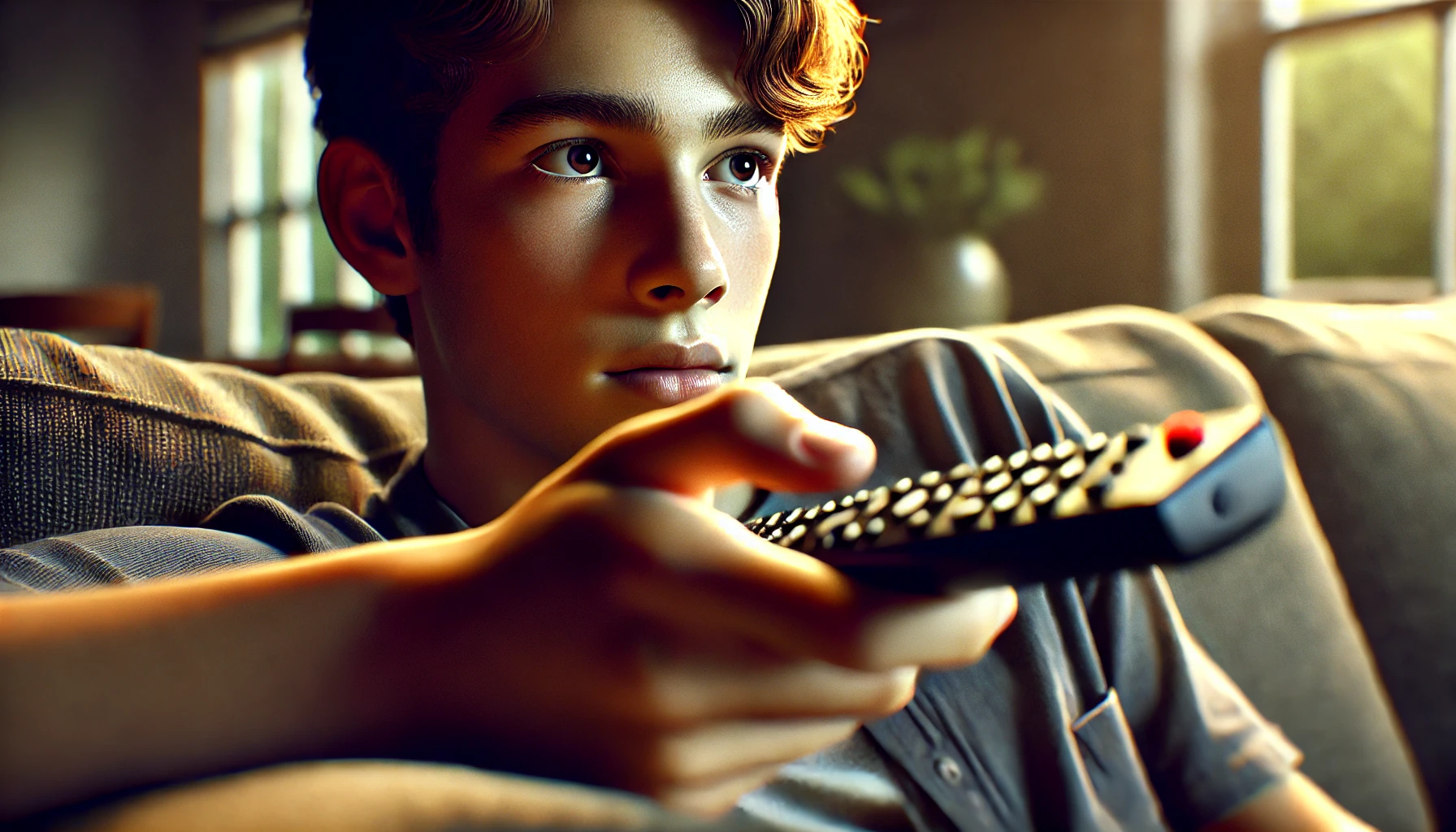 A teenage boy intently watching TV while holding a remote control, with a focused expression.