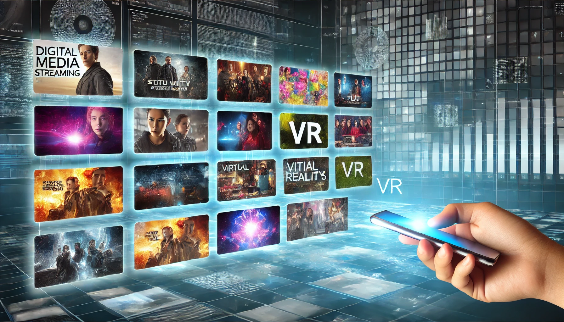 A futuristic digital media streaming interface showcasing a wide variety of entertainment content like movies, TV shows, and live events.