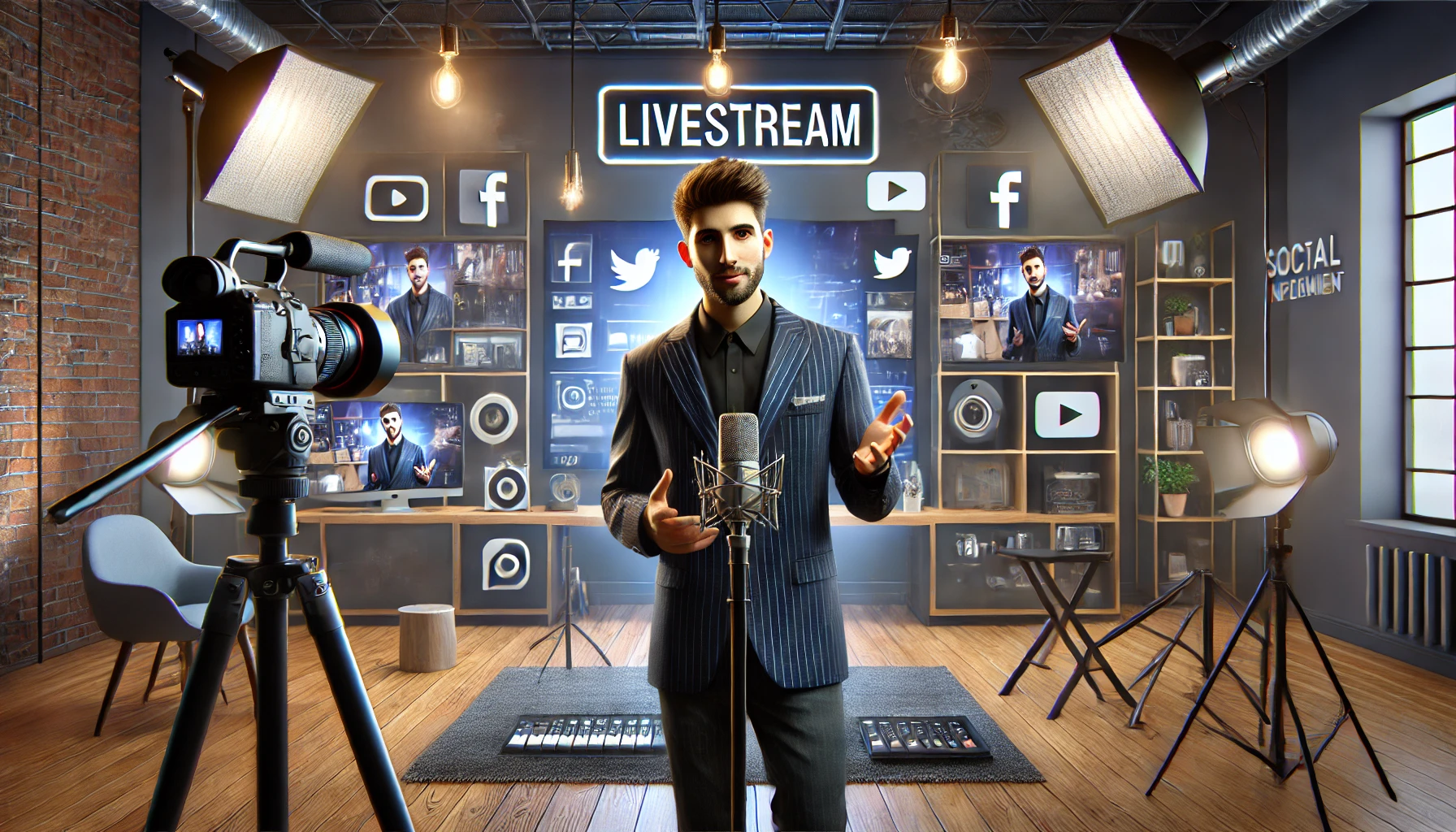 a social media influencer presenting to an audience via livestream, surrounded by professional lighting and modern equipment. 