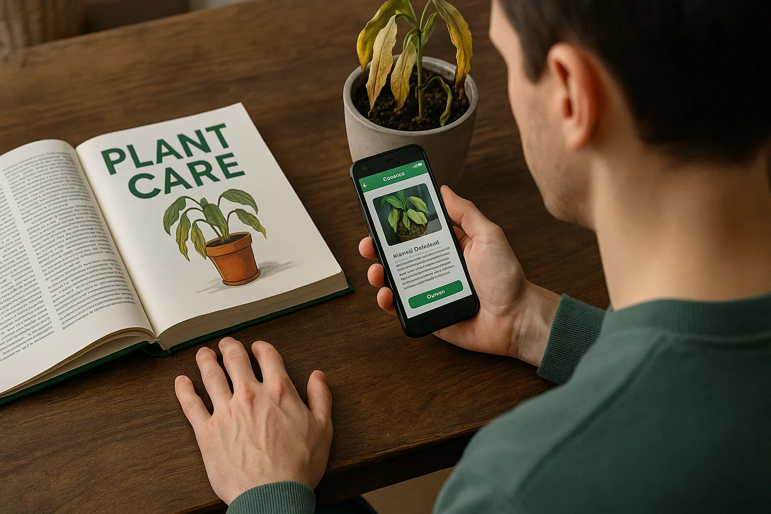 A man compares a traditional plant care book with a smartphone diagnosis app, seeking answers for his wilting plant.
