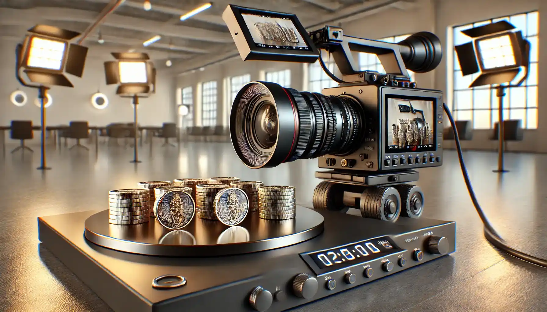 a modern, well-lit studio environment, showcasing the coins in close-up on a turntable. 