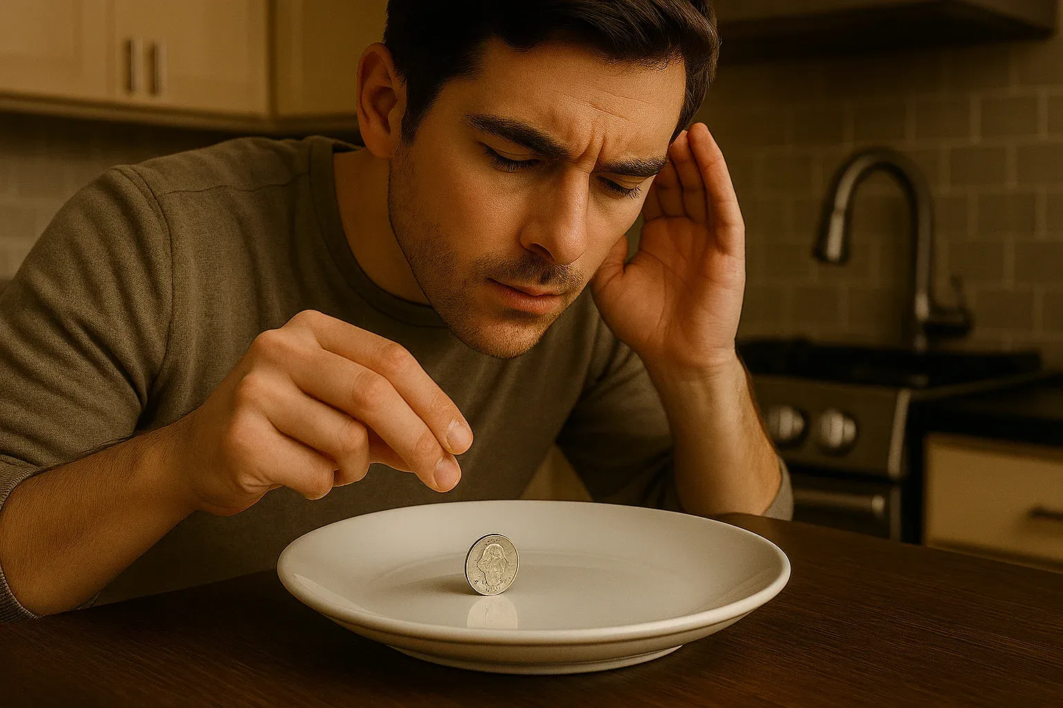 A man tosses a quarter to determine its type by the sound it makes.
