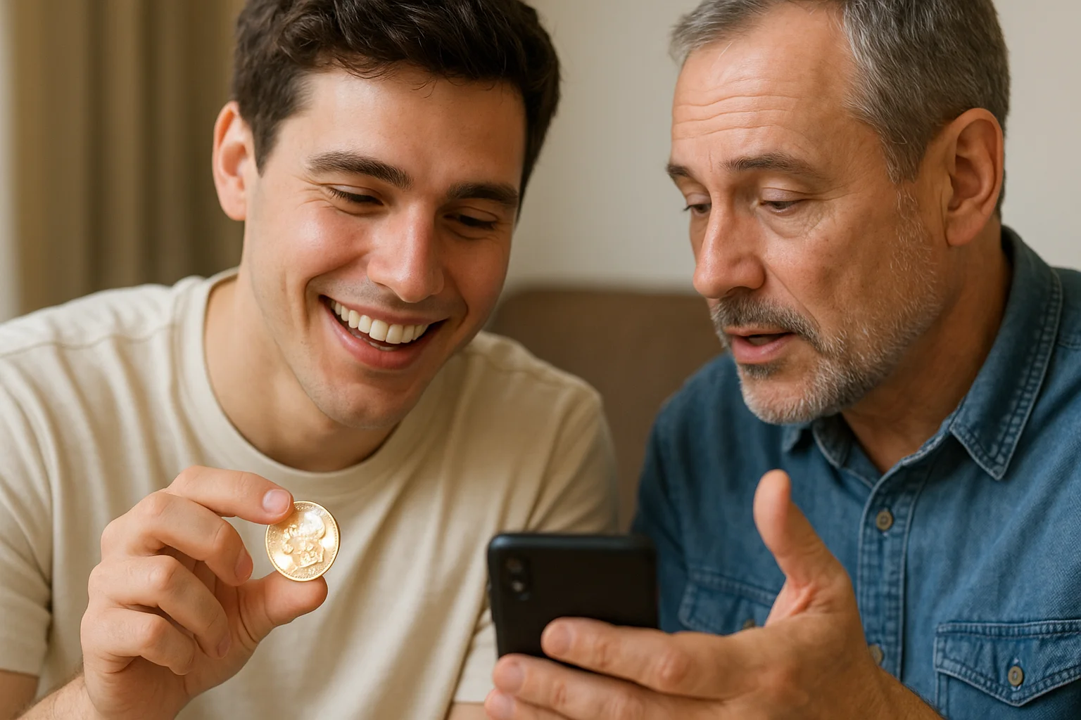 A young collector smiles while holding a bright coin as an experienced hobbyist explains details and shares guidance using his phone.