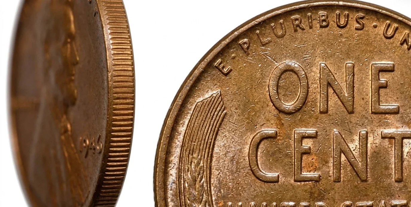 Close-up macro of edges and relief on 1946 penny